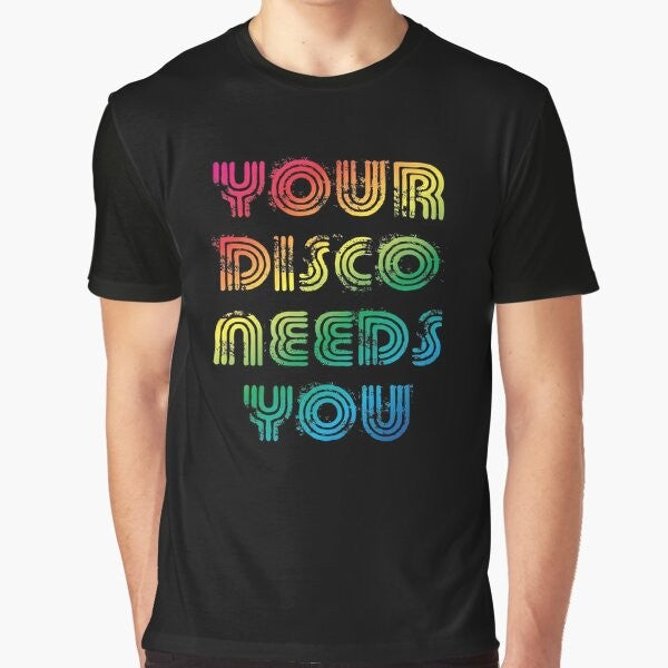 "Your Disco Needs You" Pride Graphic T-Shirt featuring a rainbow flag and Kylie Minogue-inspired design