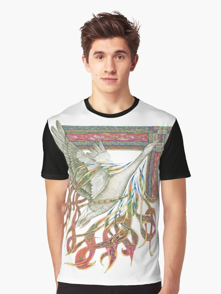 Lindisfarne Gospels inspired meditative graphic t-shirt with calligraphy and illumination design - Men