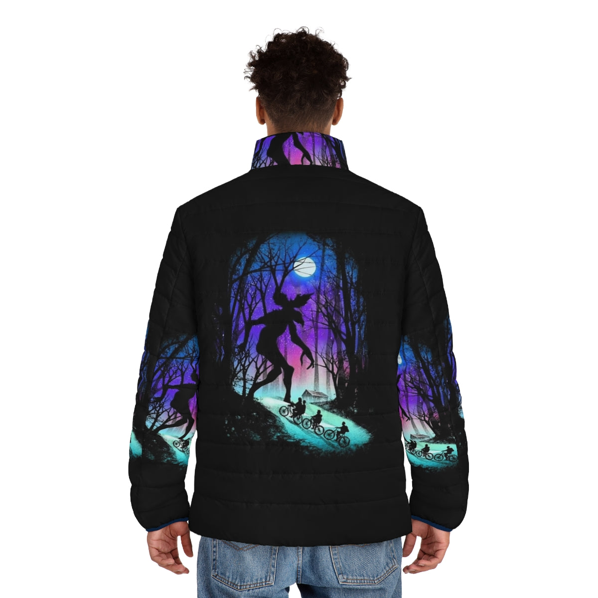 Stranger Things Retro 80s Puffer Jacket with Demogorgon Design - men back