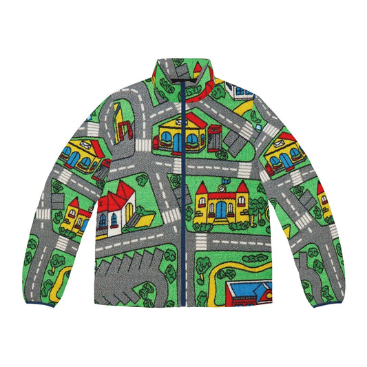 Children's puffer jacket with a playmat design featuring a back road and play cars