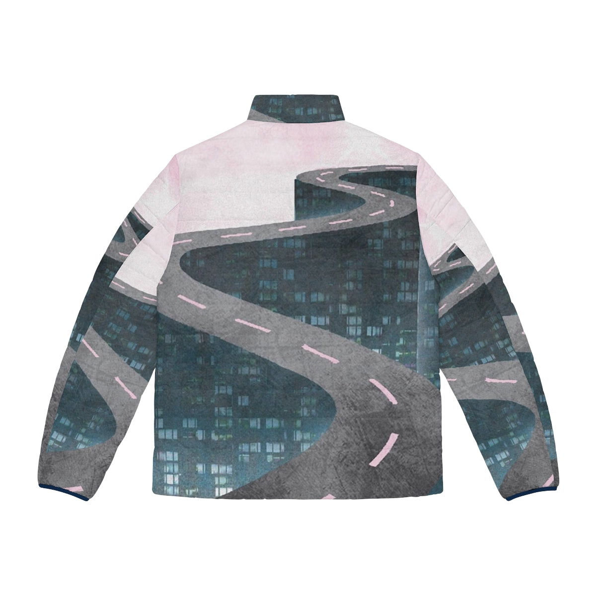 Retro futuristic "A Million Miles Away" puffer jacket with vaporwave and cyberpunk aesthetics - Back