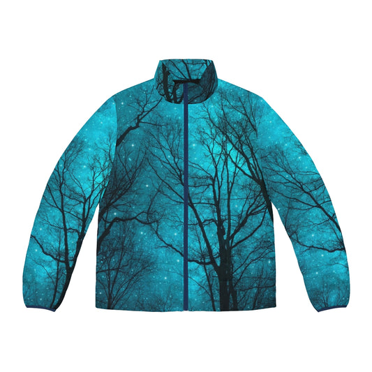 Puffer jacket featuring a design of a night sky with stars, galaxies, and abstract tree silhouettes