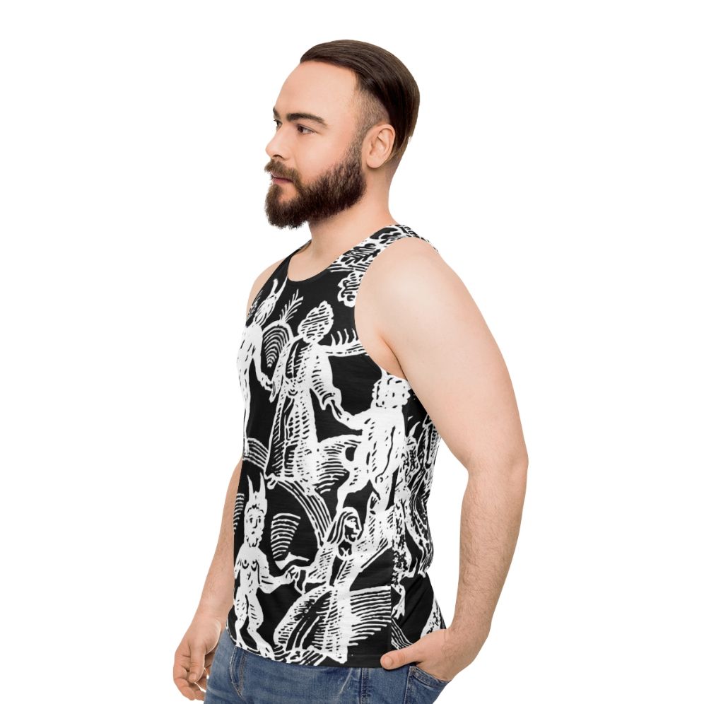 Unisex white 'Dance With The Devil' tank top featuring a vintage-style design with skull, goat, and magical elements - men side