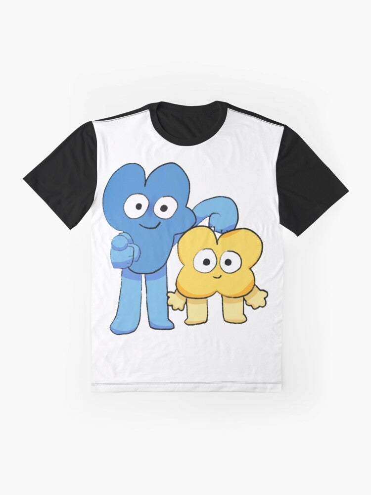 "Graphic t-shirt featuring the character 'Four' from the popular shows 'Battle for BFB' and 'Battle for BFDI'" - Flat lay