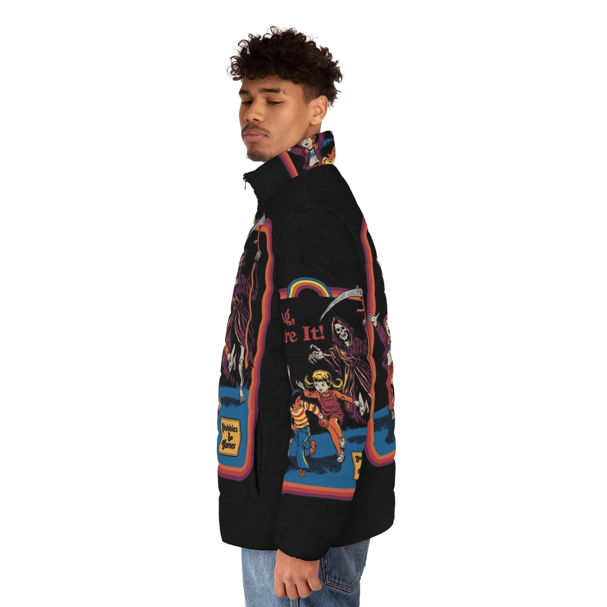 Retro puffer jacket with spooky grim reaper design - men side left