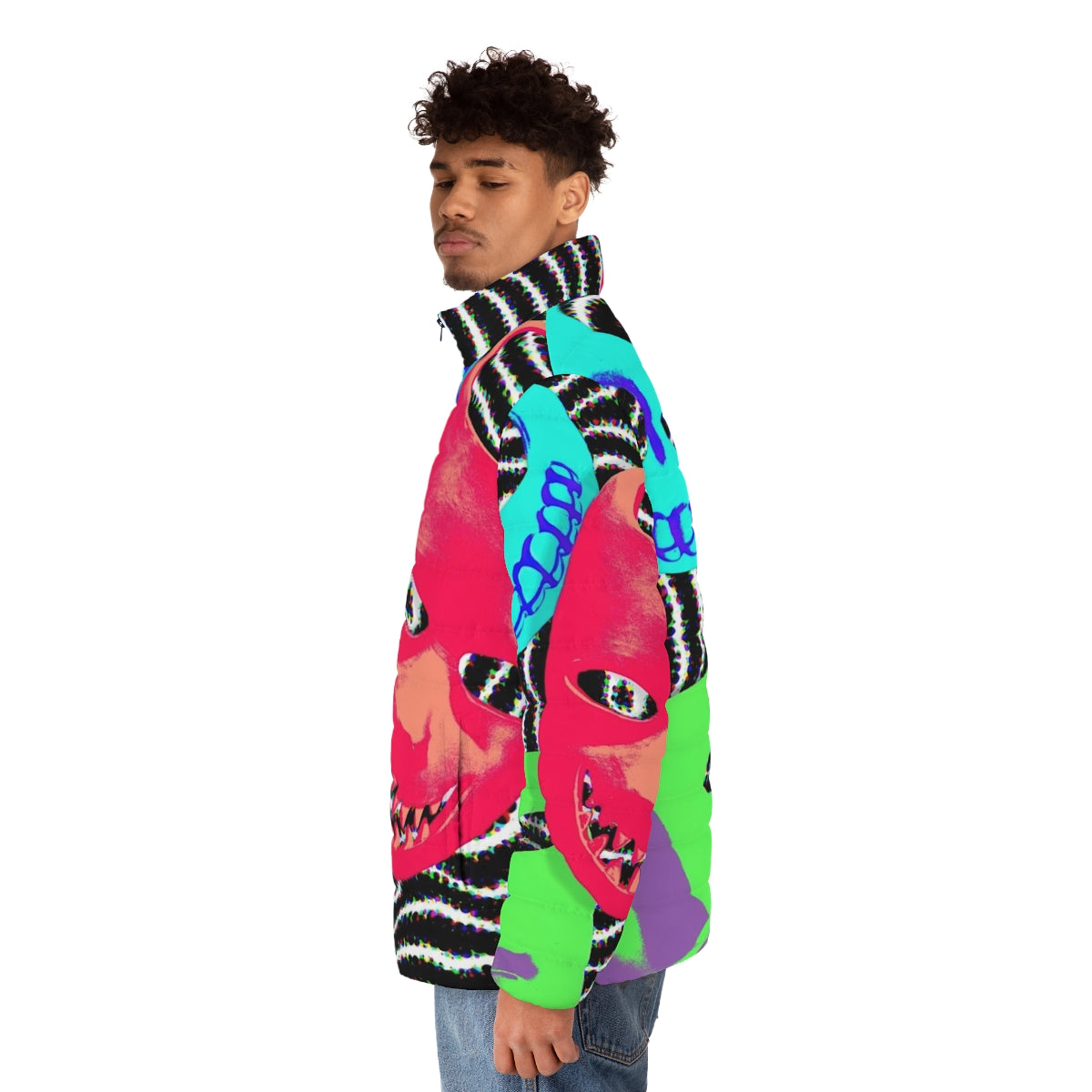 A stylish "Birds Of A Feather" puffer jacket featuring a spooky pop art design perfect for Halloween and Nightmare Before Christmas fans. - men side left