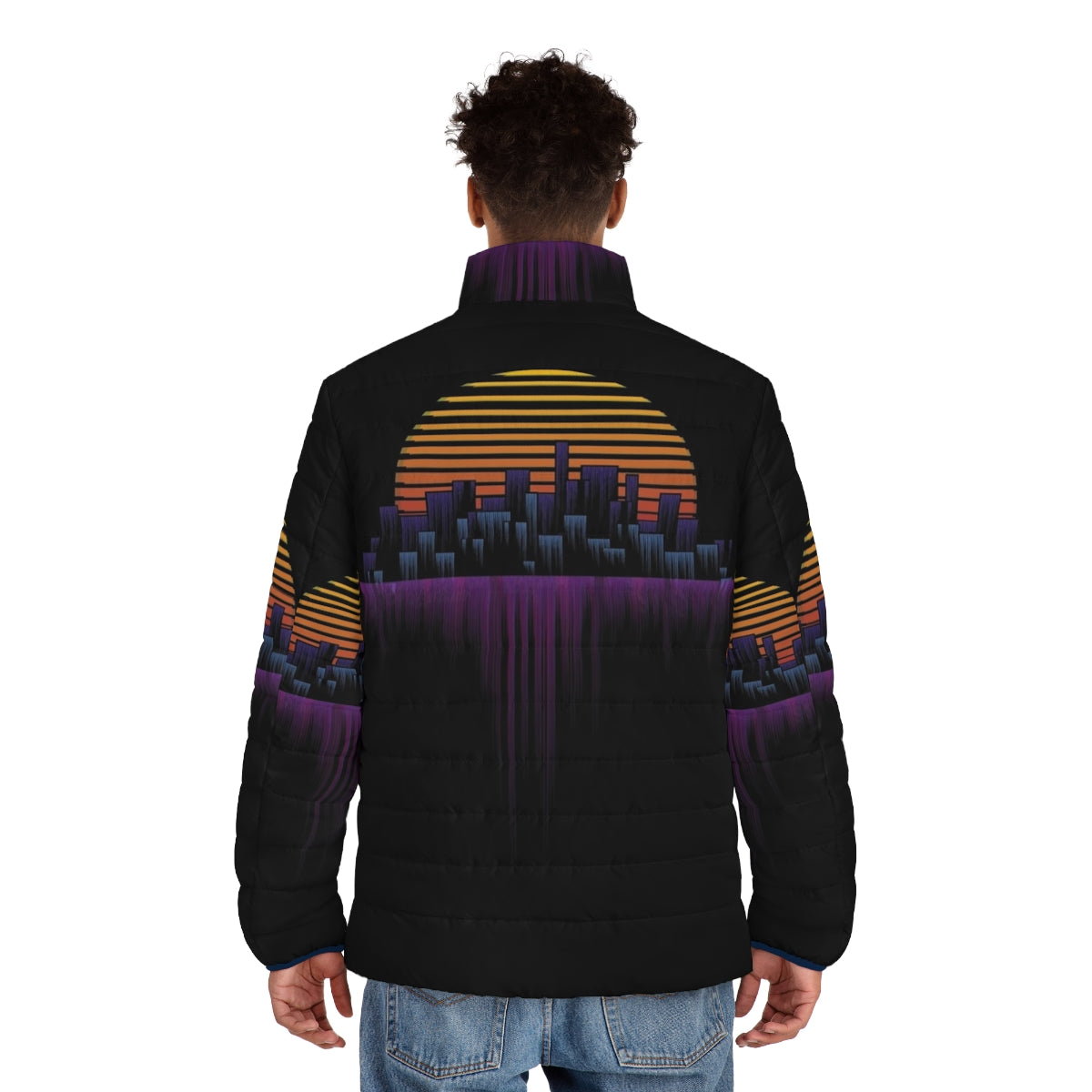 Retrowave City Soundwave Puffer Jacket - Synth-inspired puffer jacket in a retro, neon aesthetic - men back