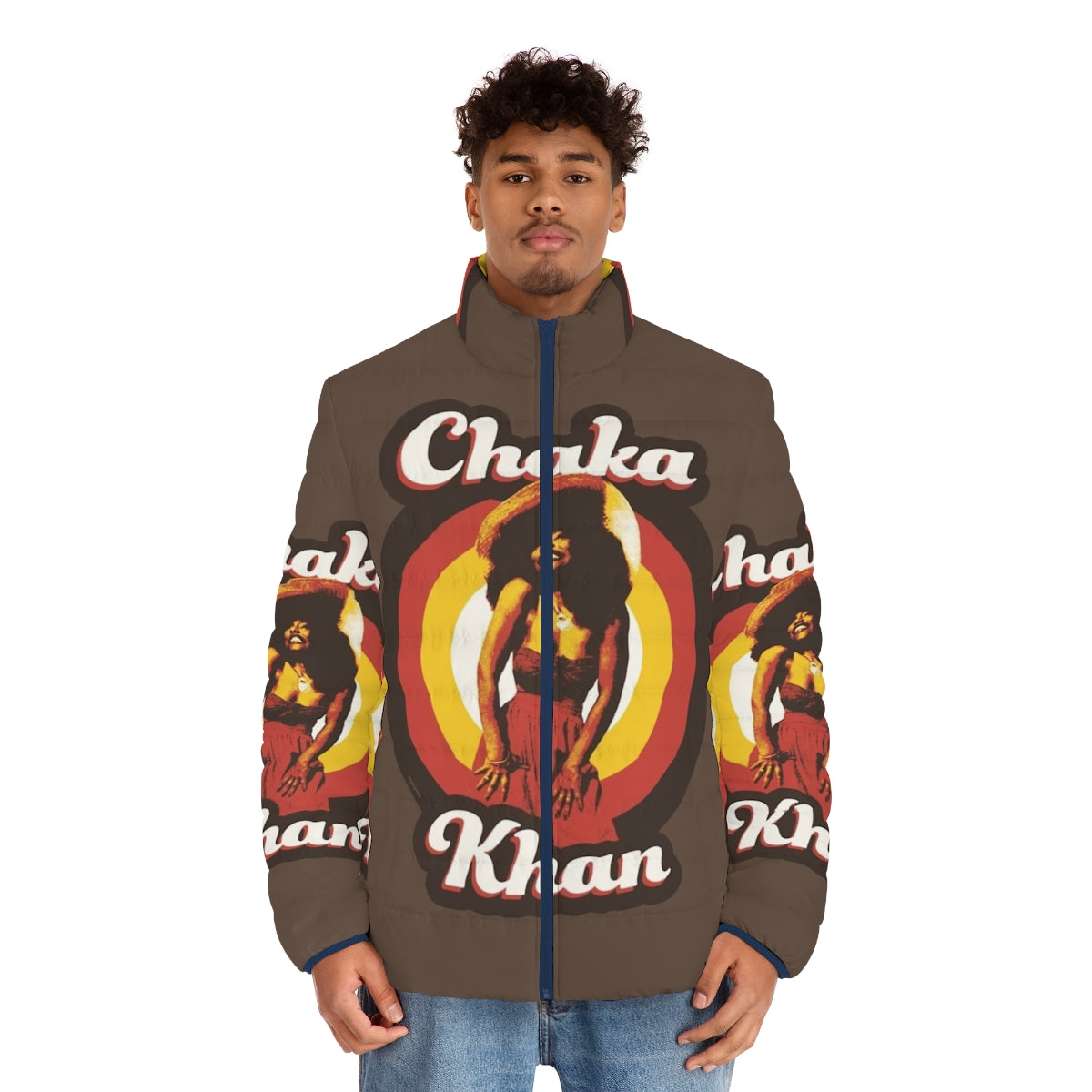 Chaka Khan inspired 70s funky soul puffer jacket - men front