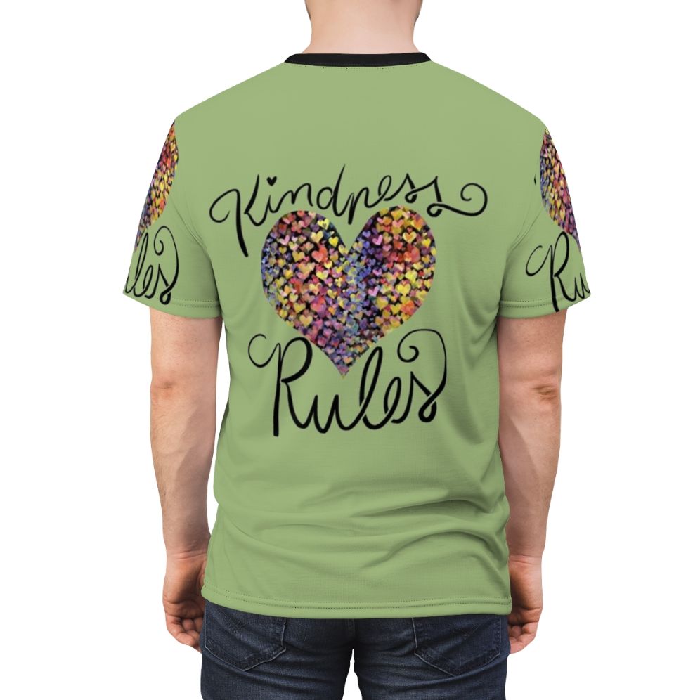 Colorful all-over-print t-shirt with the message "Kindness Rules" - men back