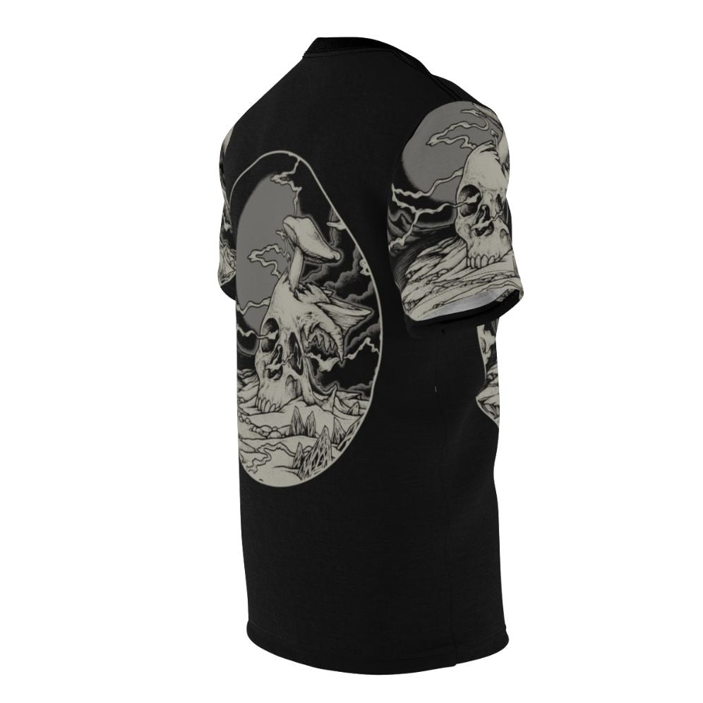 Psychedelic cosmic design with lost voyager, skull, and dark art elements on all-over-print t-shirt - men right