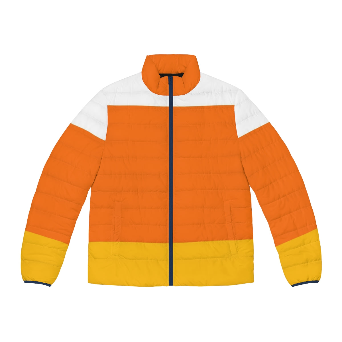 Candy corn inspired puffer jacket, perfect for Halloween and fall festivities