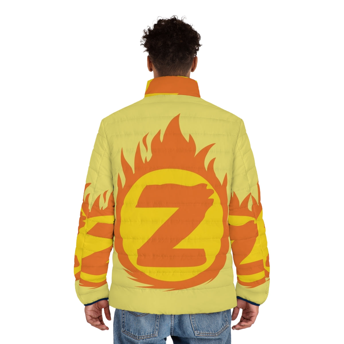 Superhero Letter Z Fire Insignia Puffer Jacket - men back