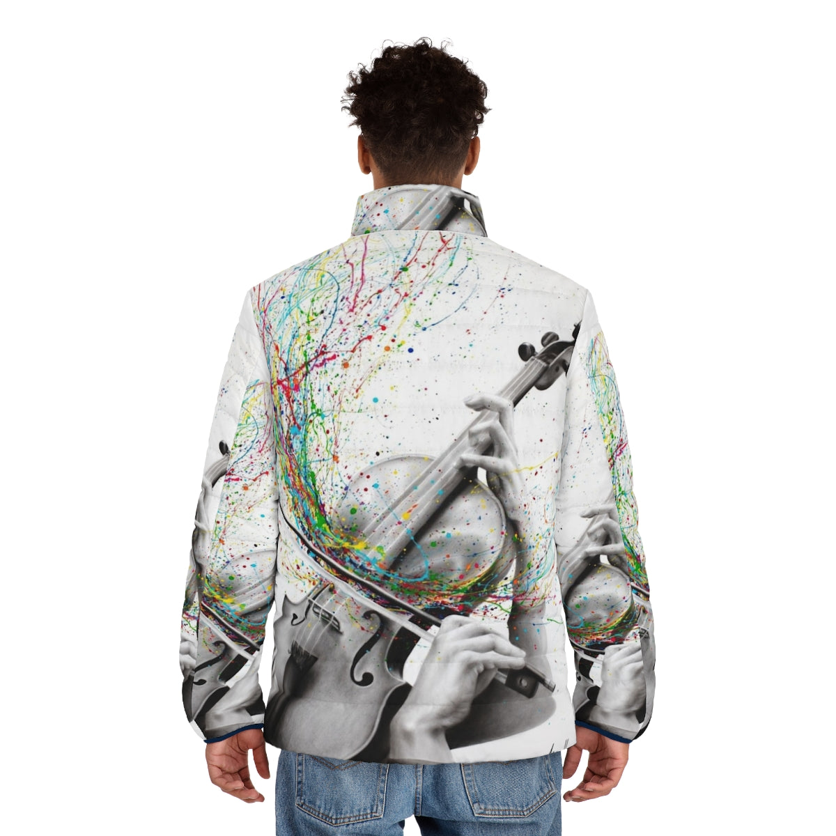 A puffer jacket featuring an abstract, expressive design inspired by the sound of a solo violin performance. - men back