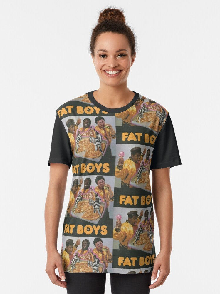 Fat Boys Graphic T-Shirt - Retro Hip Hop Tee with Rap, DJ, and Food Themed Artwork - Women