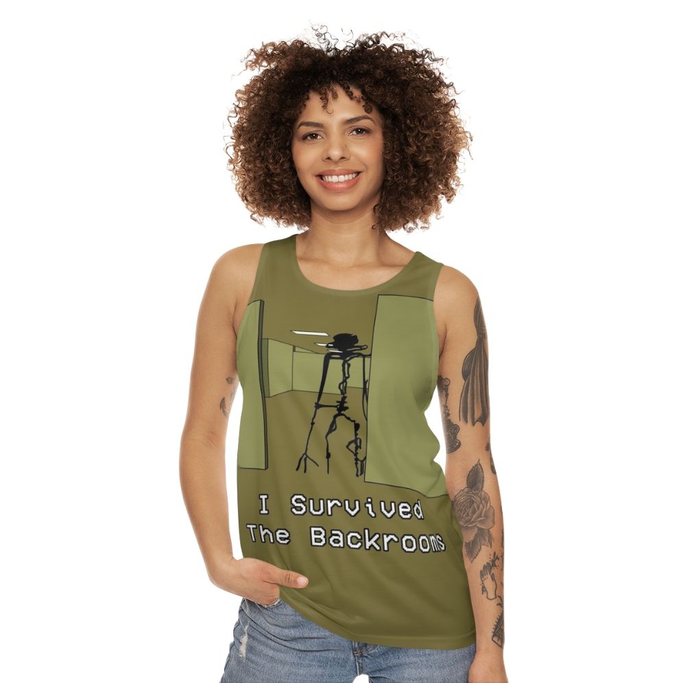 Backrooms inspired unisex tank top featuring creepy liminal space horror design - women