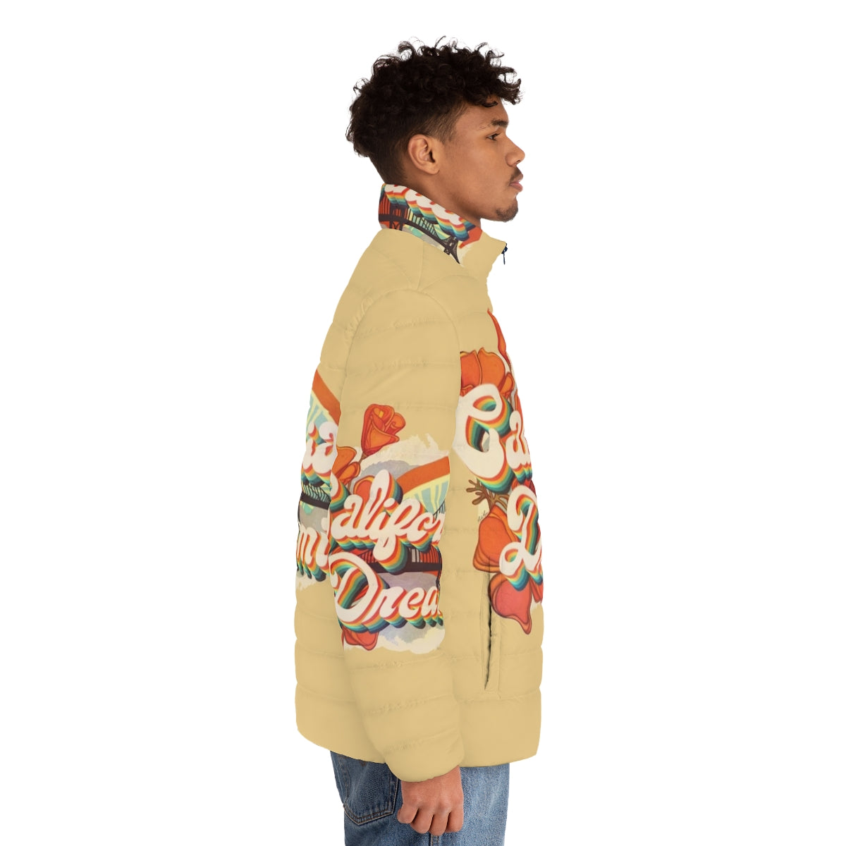 Vintage California Dreamin' puffer jacket with psychedelic music-inspired graphics - men side right