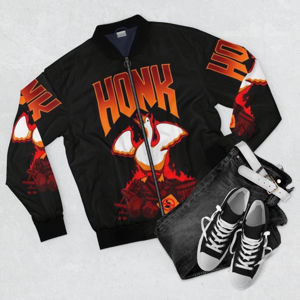 Heavy Metal Goose Bomber Jacket with Gaming and Geek Design - Flat lay