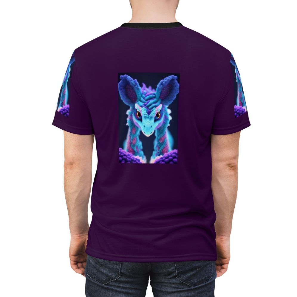 Vibrant all-over print t-shirt featuring a majestic, legendary creature in a fantasy forest setting - men back