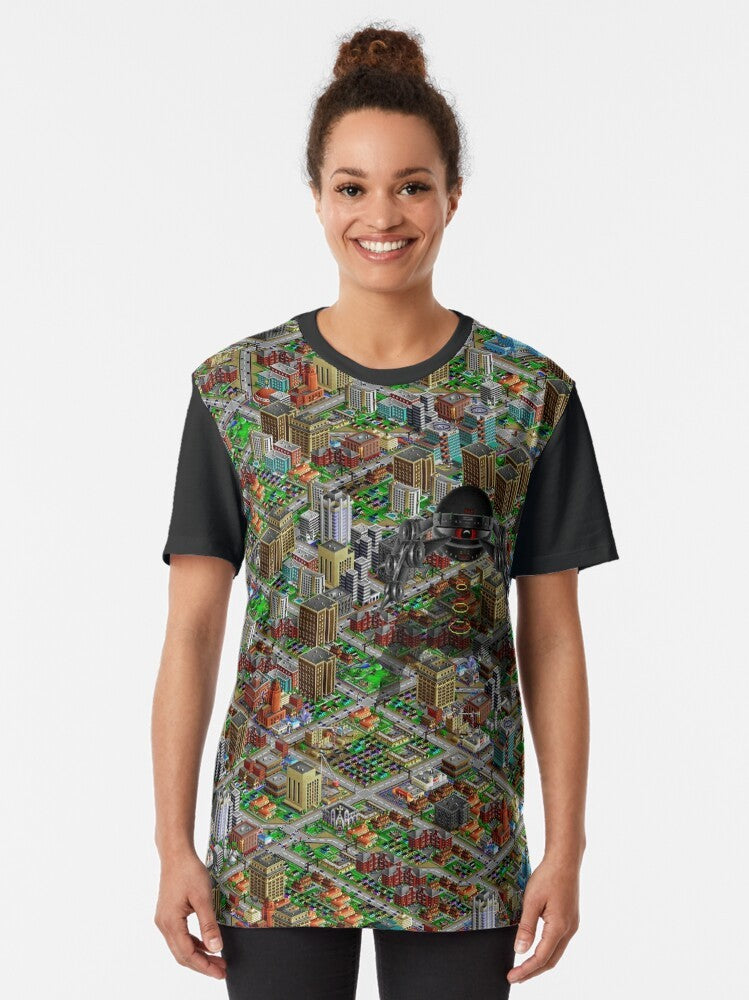 Retro SimCity 2000 pixel art graphic t-shirt with high contrast design - Women