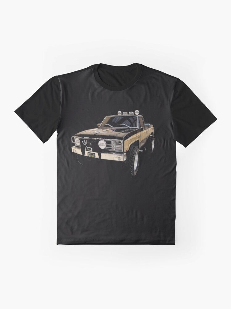 Retro graphic t-shirt featuring the GMC Sierra Grande from the 80s TV series "The Fall Guy" - Flat lay