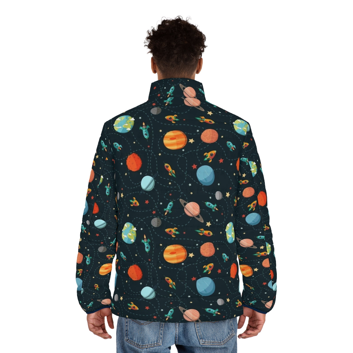 Cute and cozy space-themed puffer jacket for children - men back