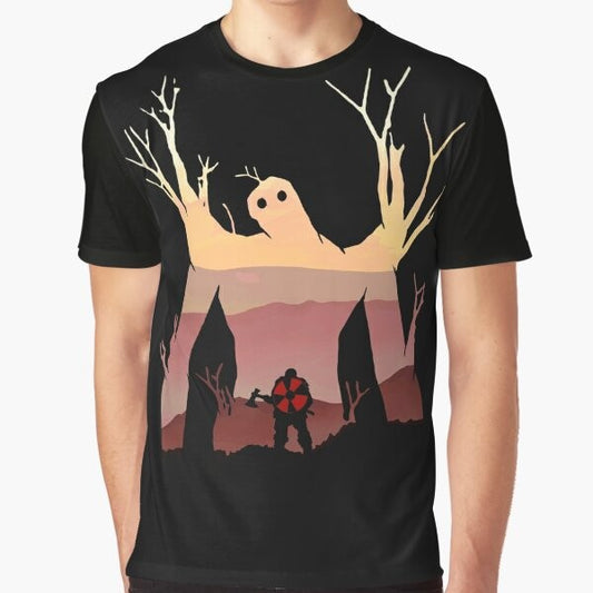 Valheim Elder Boss Graphic T-Shirt featuring a detailed illustration of the Elder, a formidable boss from the popular video game Valheim.