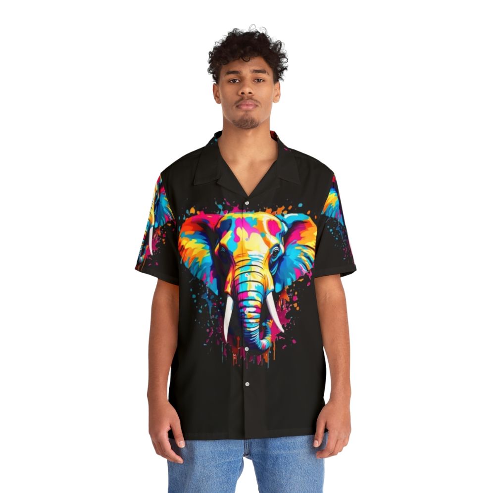 Colorful Hawaiian shirt with a vibrant elephant and animal print design - People Front