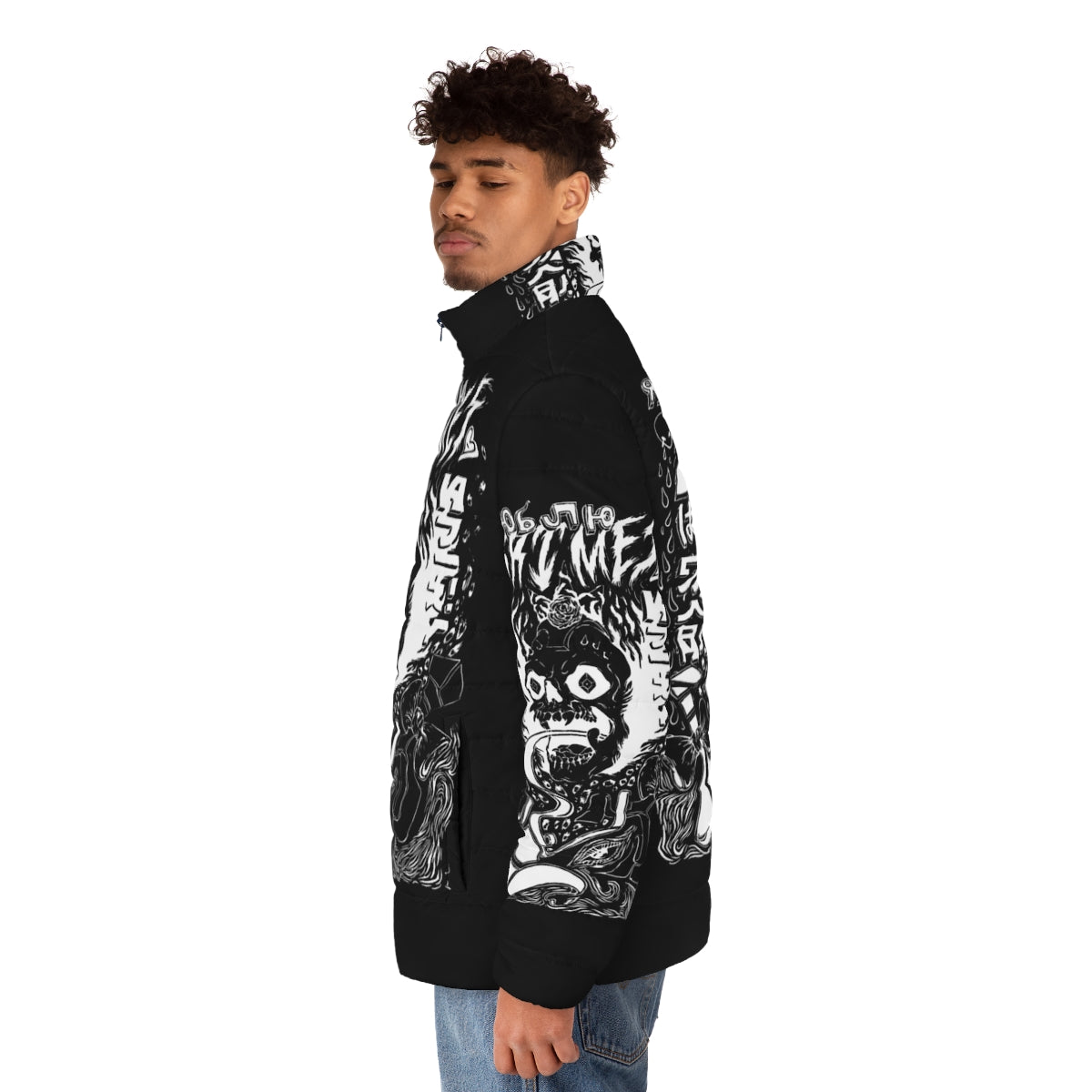 Grimes Visions Occult Puffer Jacket featuring dark and moody aesthetic - men side left