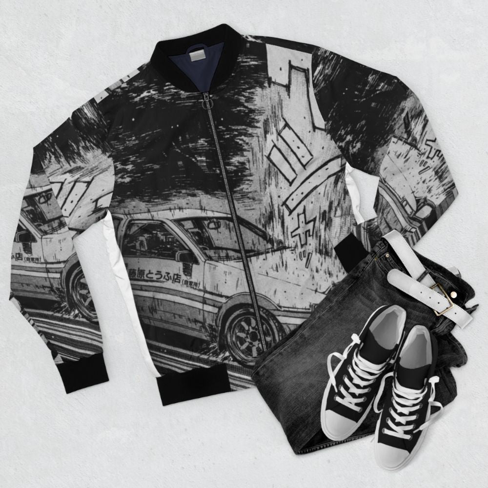 Initial D Toyota AE86 Drifting Bomber Jacket, featuring the iconic anime car and drifting culture - Flat lay