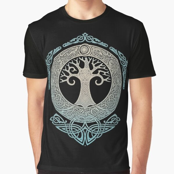 Graphic t-shirt design featuring Yggdrasil, the mythical tree of life from Norse mythology