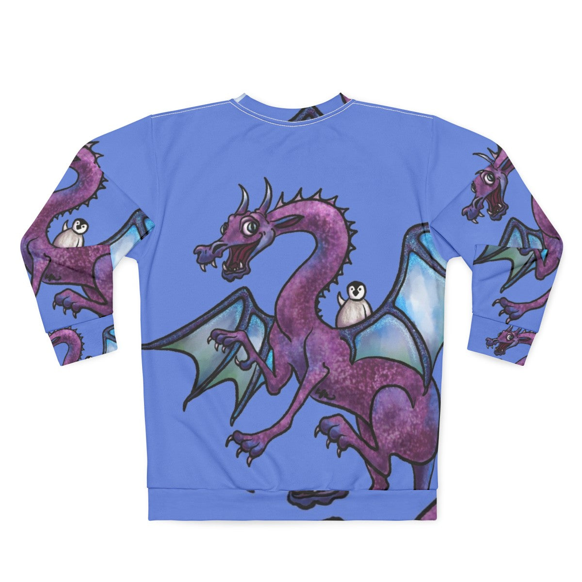 Penguin and dragon saving the day on a heroic fantasy sweatshirt - Back