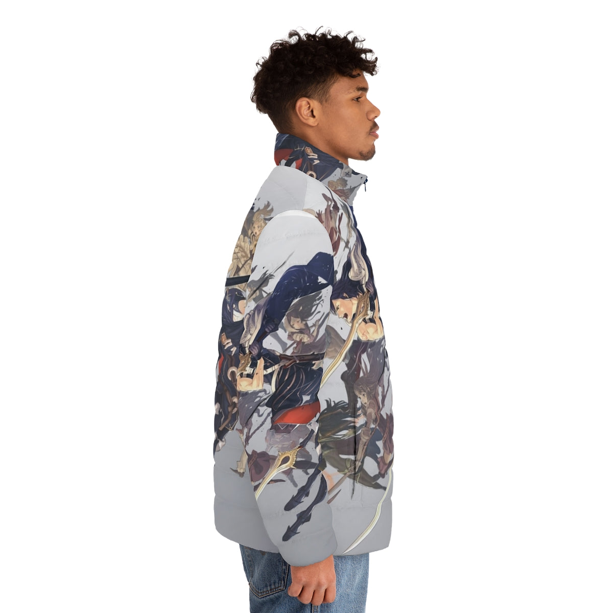 Fire Emblem Awakening inspired puffer jacket featuring the game's iconic box art design - men side right