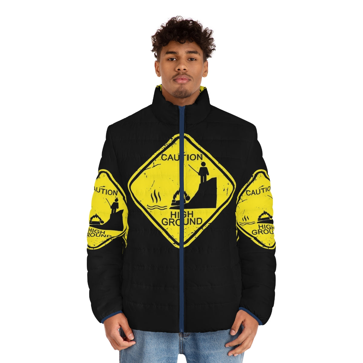 High ground caution puffer jacket with stick figure and star wars prequel meme inspired design - men front