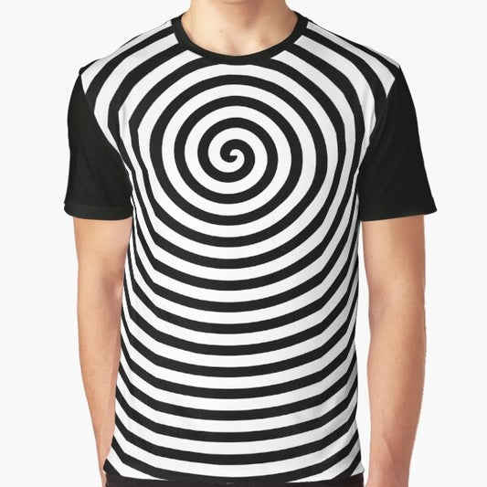 Black and white spiral graphic t-shirt with a trippy, hypnotic design