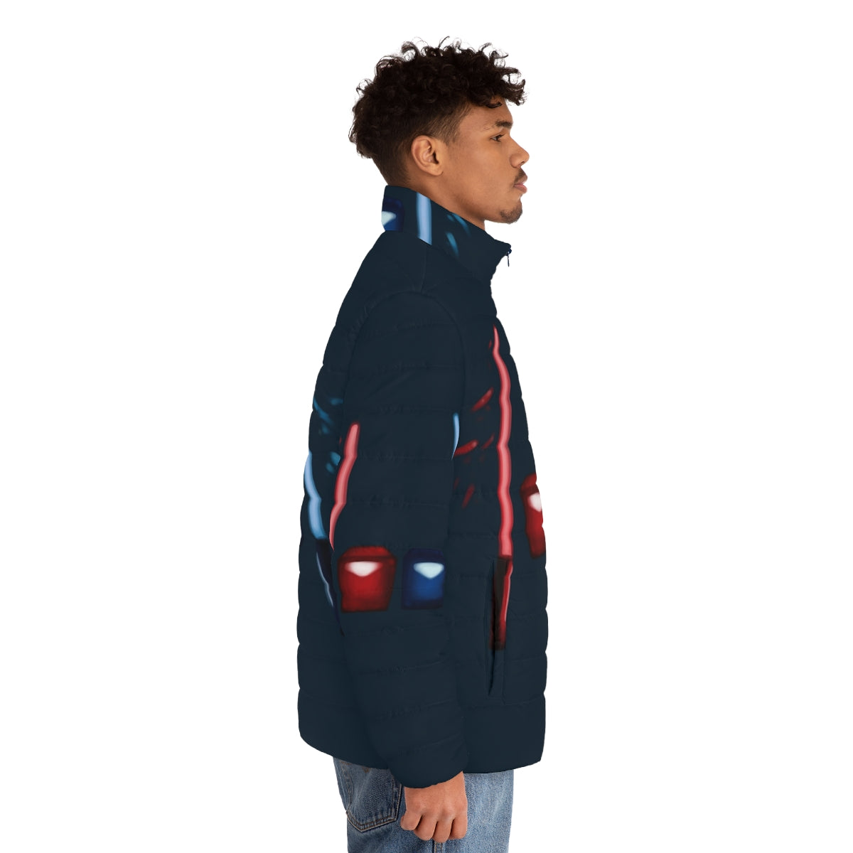 Artsy Beat Saber Puffer Jacket featuring custom cubes and blocks - men side right