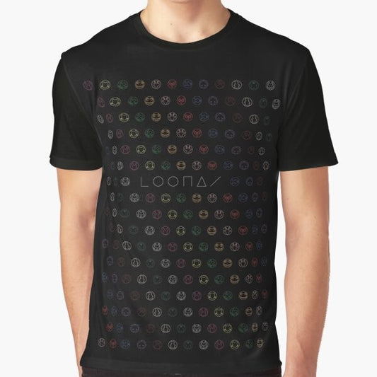 LOONA "Girl of the Month" Graphic T-Shirt featuring the members of the K-pop girl group LOONA in a colorful, rainbow-themed design.