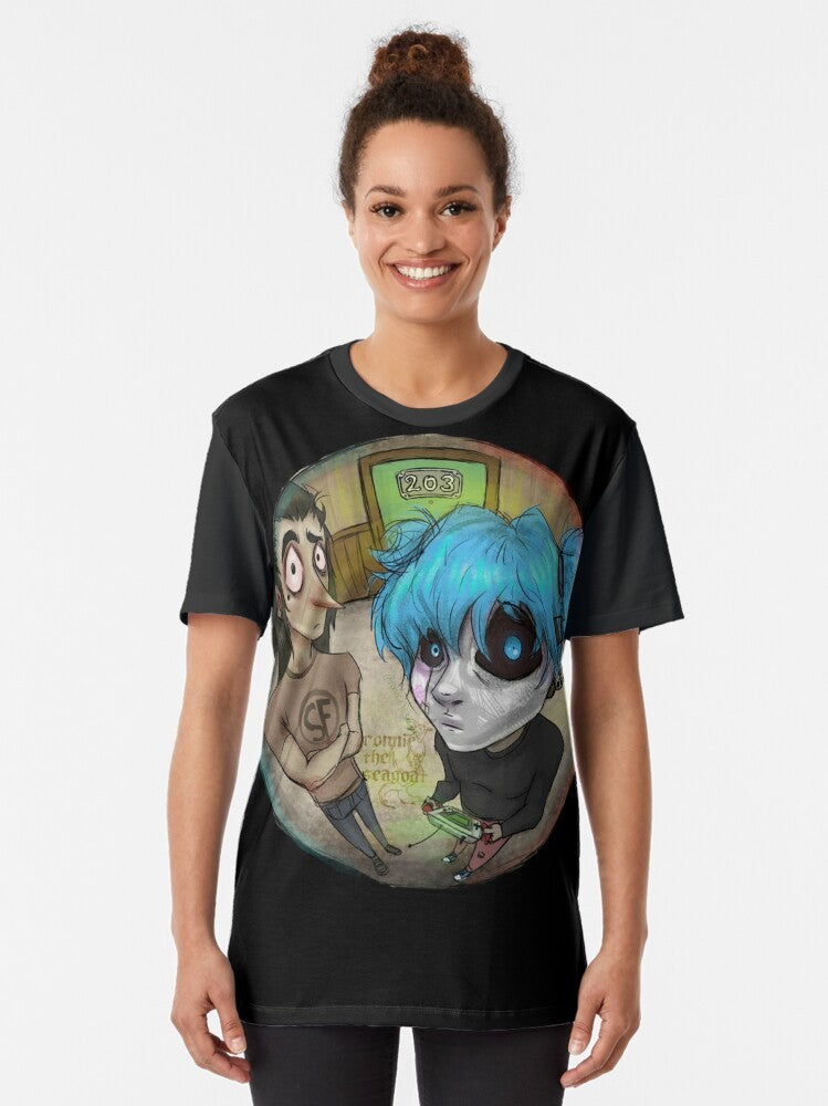 "Salloween 2 Empty Hallways Graphic T-Shirt featuring Sally Face characters" - Women