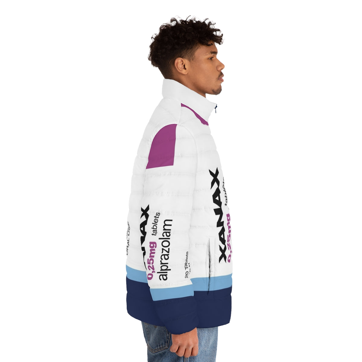 Xanax-inspired puffer jacket for fashion and meme enthusiasts - men side right