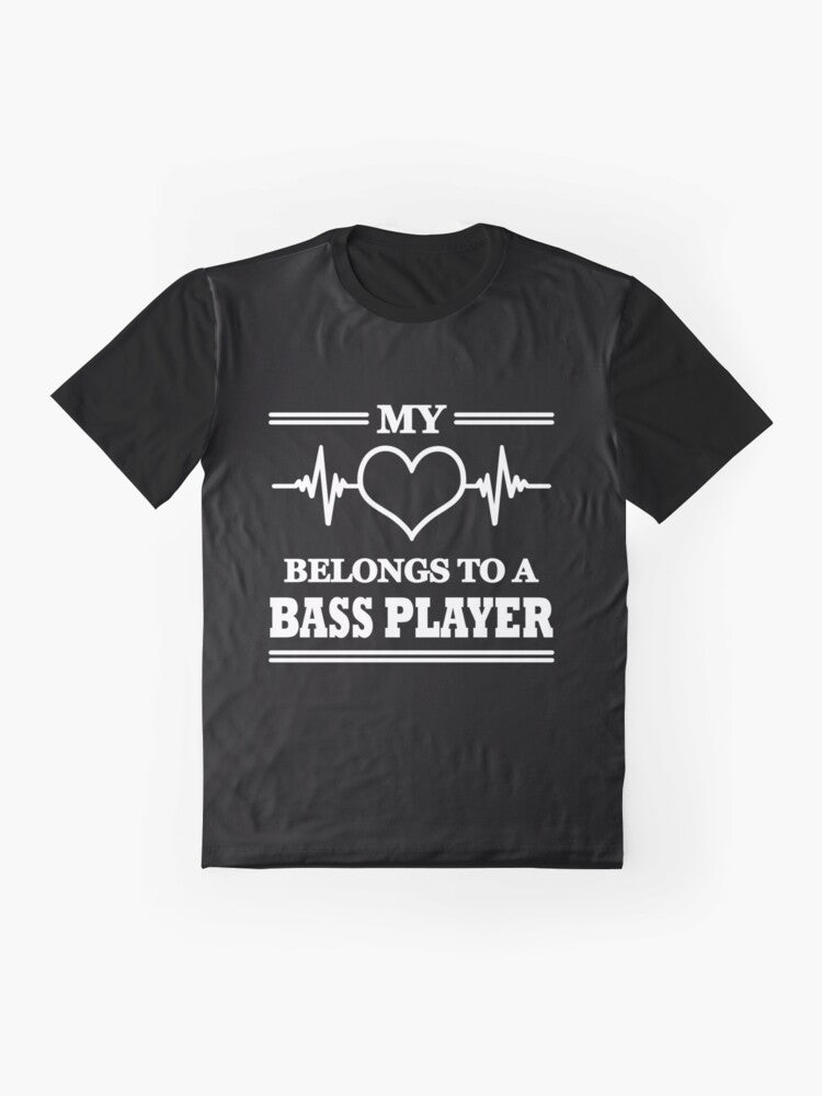 Romantic graphic t-shirt for bass players. The design features the quote "My heart belongs to a bass player". - Flat lay