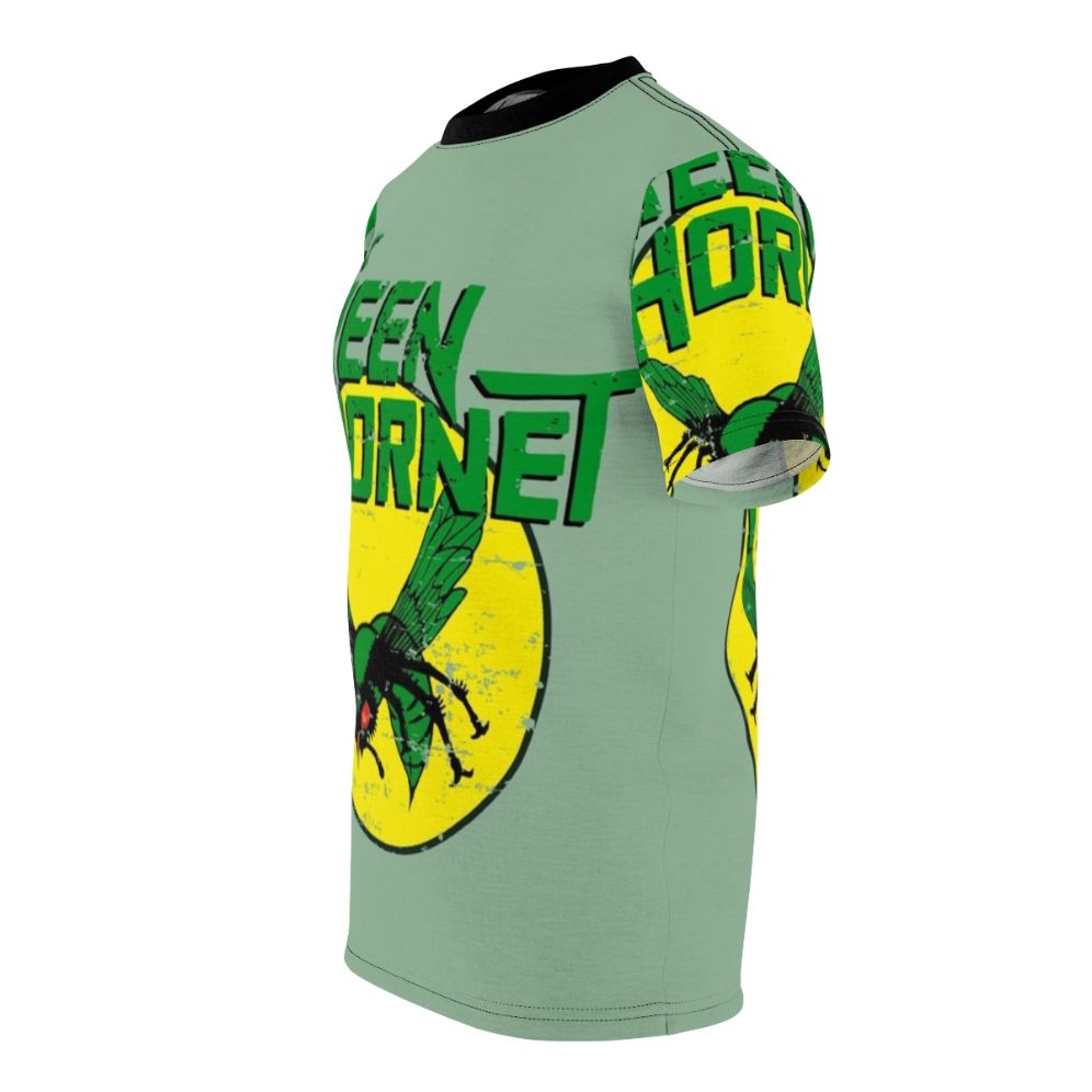 Retro-styled t-shirt featuring the Green Hornet, a 1960s television superhero character. - men left