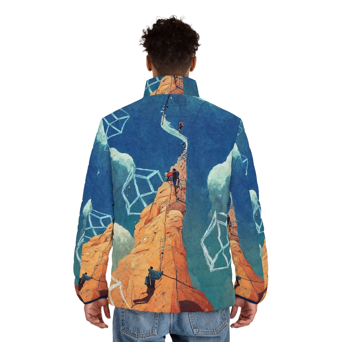 Inspire Rock Climbing Puffer Jacket with climber silhouette and abstract spire design - men back