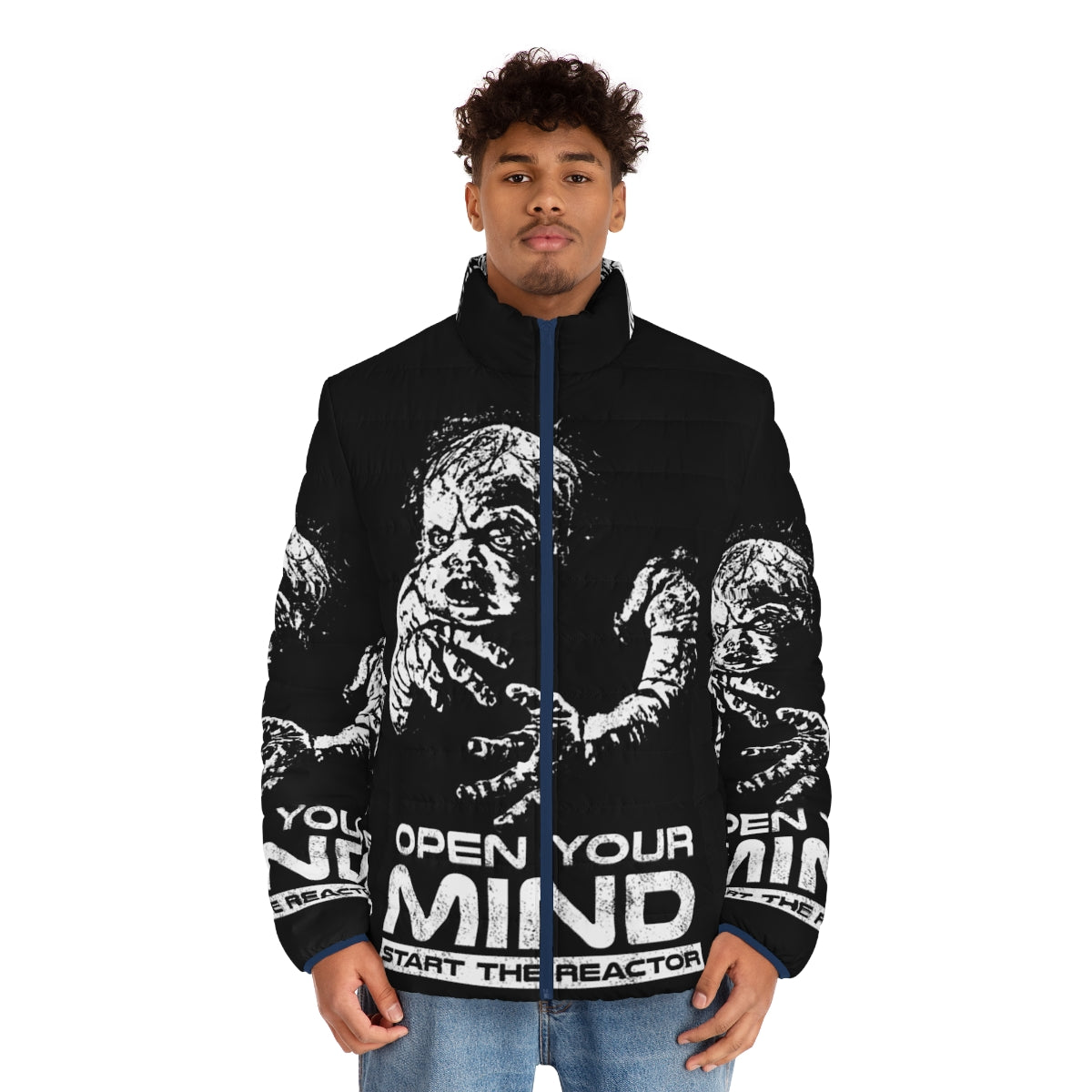 Open Your Mind Retro Puffer Jacket with Futuristic Design - men front