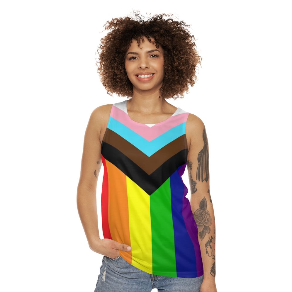 Unisex tank top with progressive rainbow pride flag - women