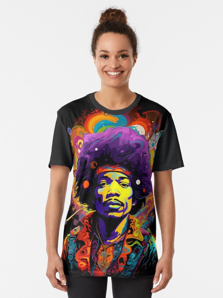 Jimi Hendrix inspired psychedelic graphic t-shirt featuring a guitar and music elements - Women