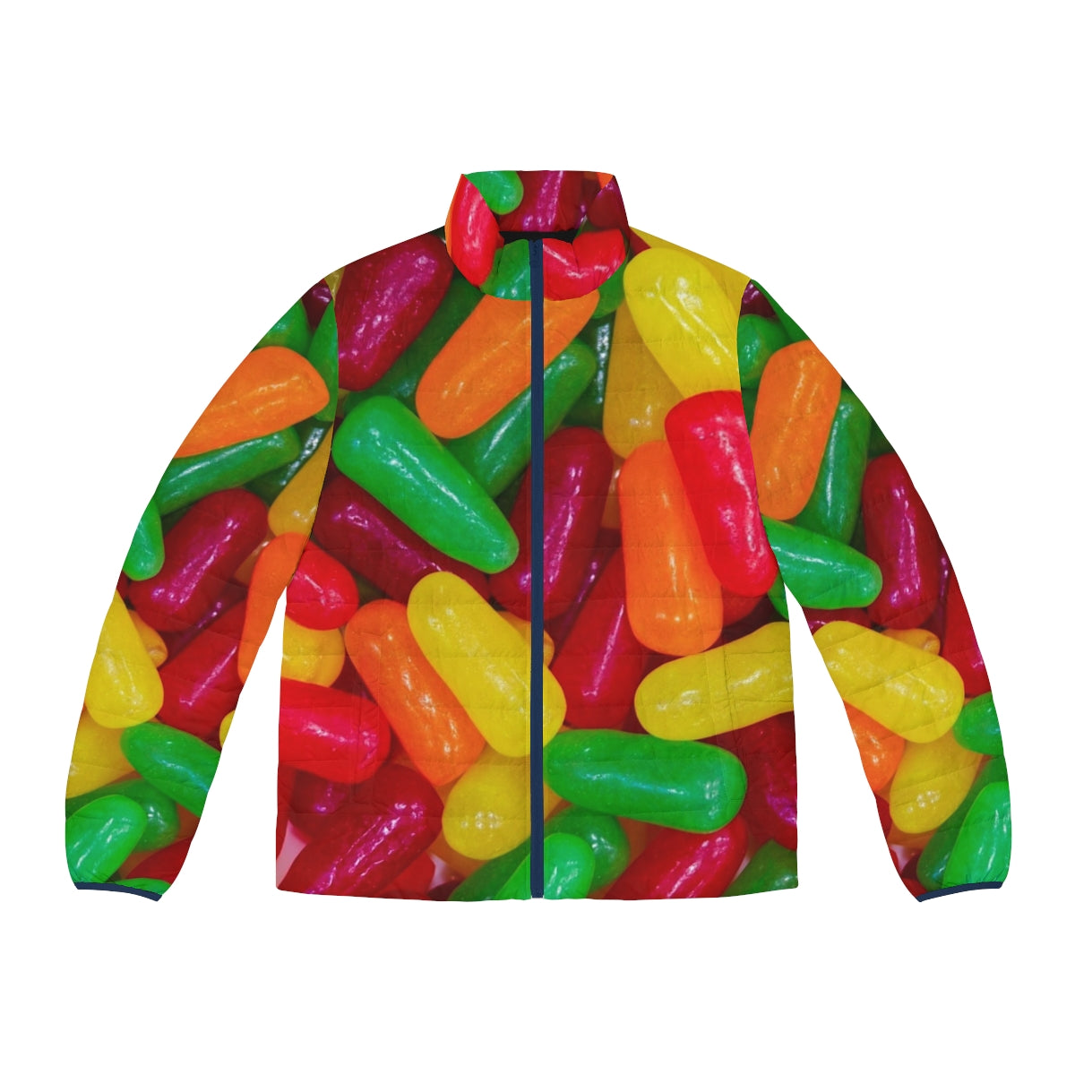 Colorful Mike and Ikes puffer jacket with round, soft candy-like appearance