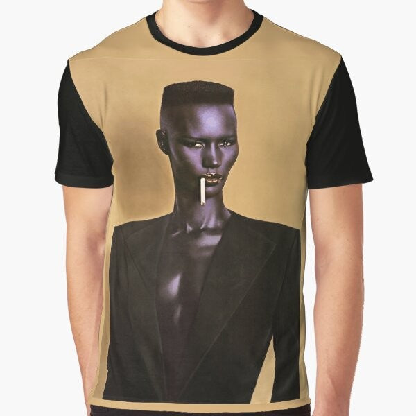 Graphic T-shirt featuring iconic image of Grace Jones, the legendary Jamaican singer and model known for her unique style and music in the 1980s.