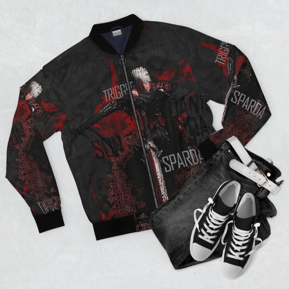 Devil May Cry Dante Demon Hunter Bomber Jacket featuring a modern art design with quotes and words - Flat lay