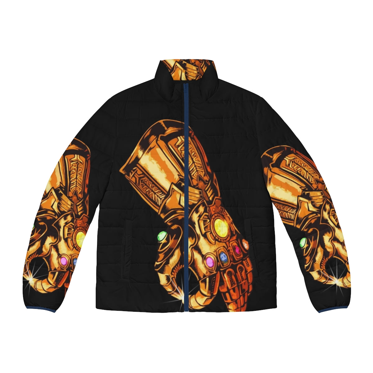 Infinity Gauntlet Circle Game Puffer Jacket featuring Thanos, Hulk, Thor, Iron Man, and Captain America