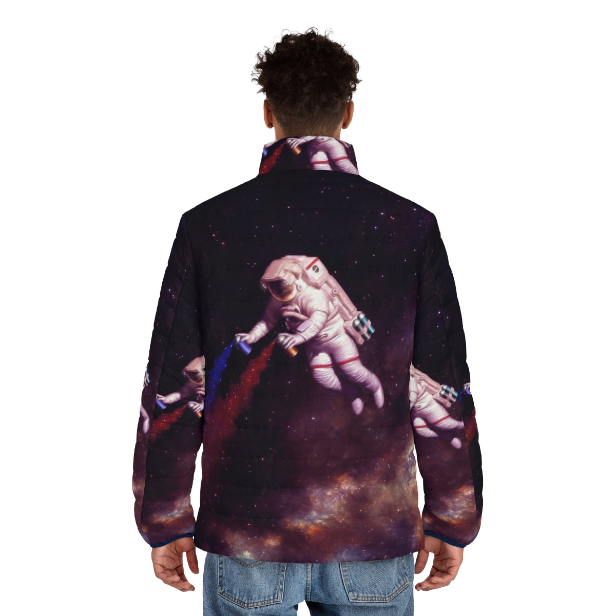 Colorful puffer jacket featuring an astronaut artist design with shooting stars, galaxies, and space elements - men back