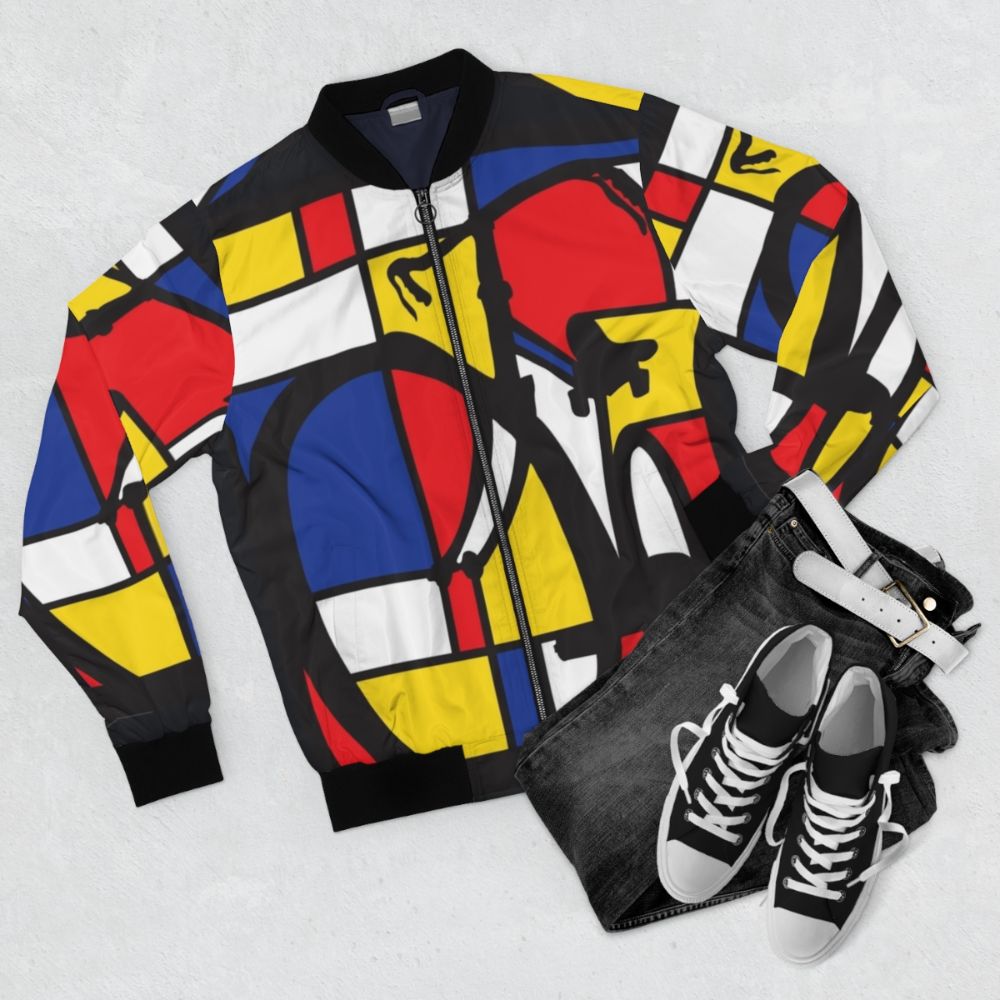 Mondrian-inspired bicycle art bomber jacket - Flat lay